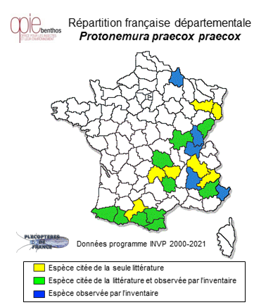 Carte de distribution de Protonemura praecox praecox (Morton, 1894)