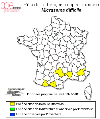 Carte de distribution de Micrasema difficile Mosely, 1934