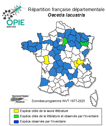 Carte de distribution de Oecetis lacustris Pictet, 1834