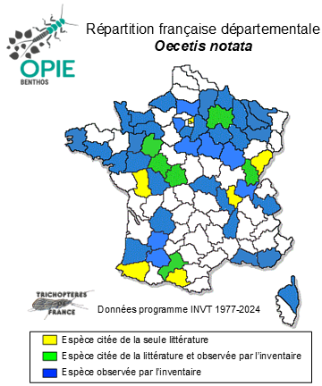 Carte de distribution de Oecetis notata (Rambur, 1842 )