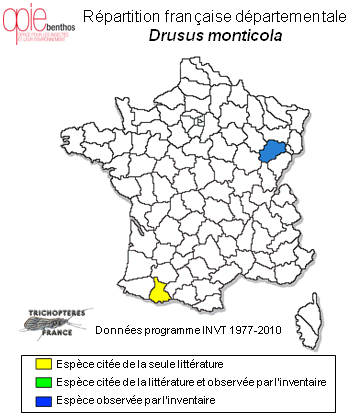 Carte de distribution de Drusus monticola McLachlan, 1876