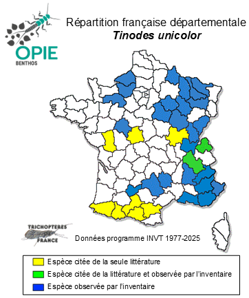 Carte de distribution de Tinodes unicolor (Pictet, 1834)